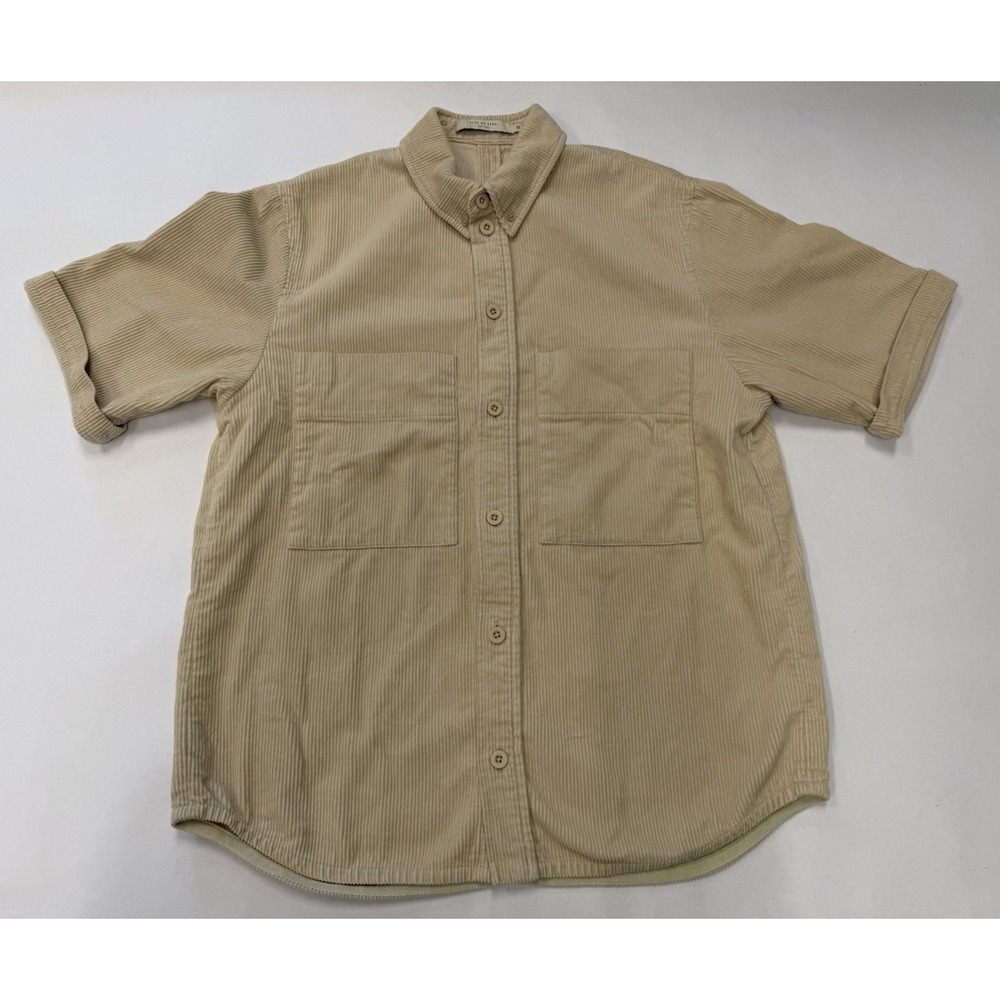 7115 by Szeki Corduroy Button Up Shirt S Cream Oversized Short Sleeve Cotton
